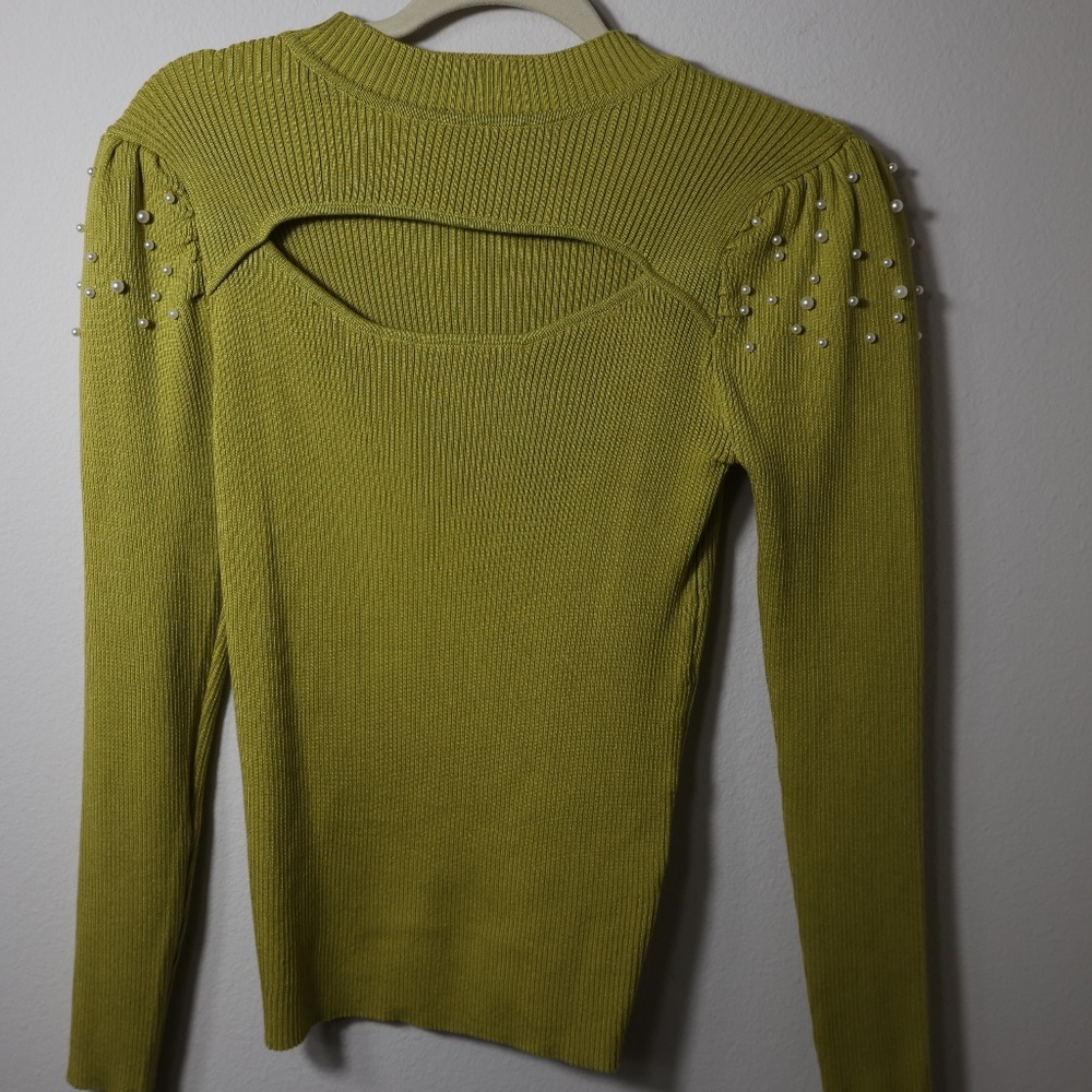 QUESTIONS Pearl Lime Green Embellished Cutout Sweater – Size XL
